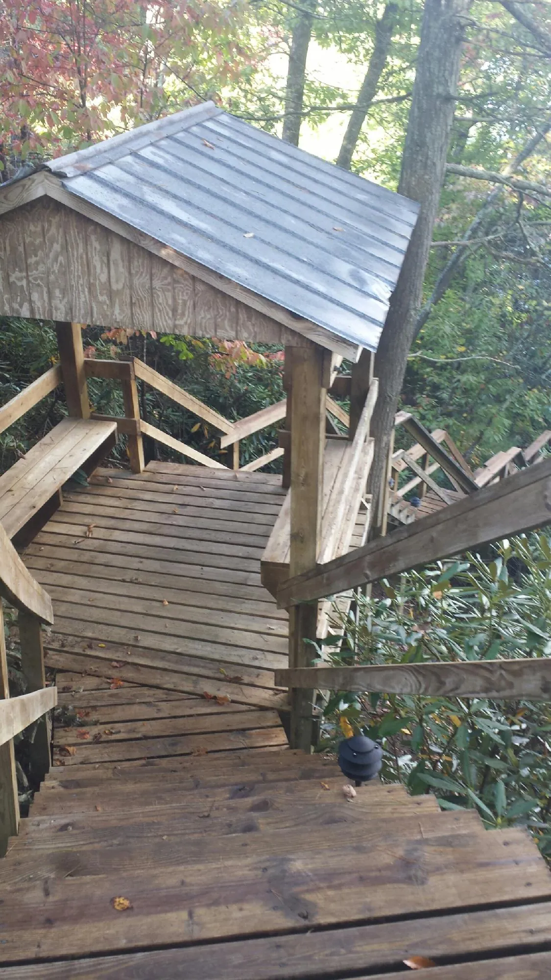 Metal roofed shelter over wooden steps on a wooded walkway — Skylight Repair & Installation work by our crew in Villa Ridge